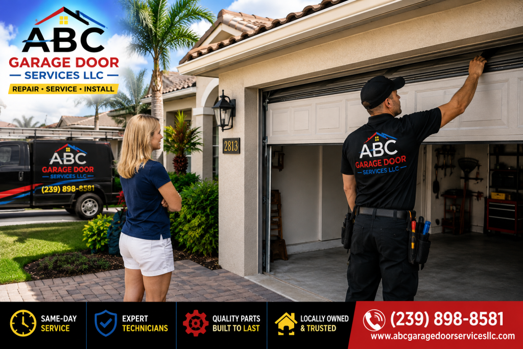 Garage door repair technician servicing a residential garage door in Cape Coral Florida