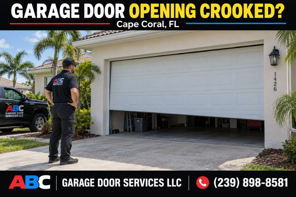 ABC Garage Door Services LLC technician inspecting an uneven, partially open garage door in Cape Coral, FL.