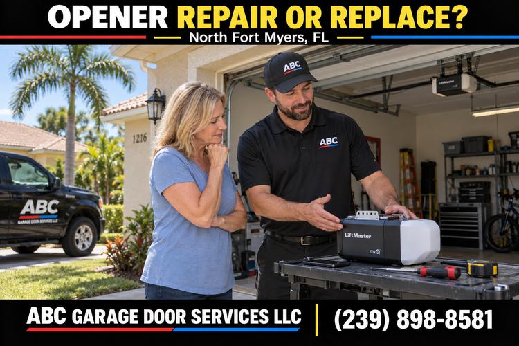 ABC technician explaining garage door opener repair and replacement options to a homeowner.